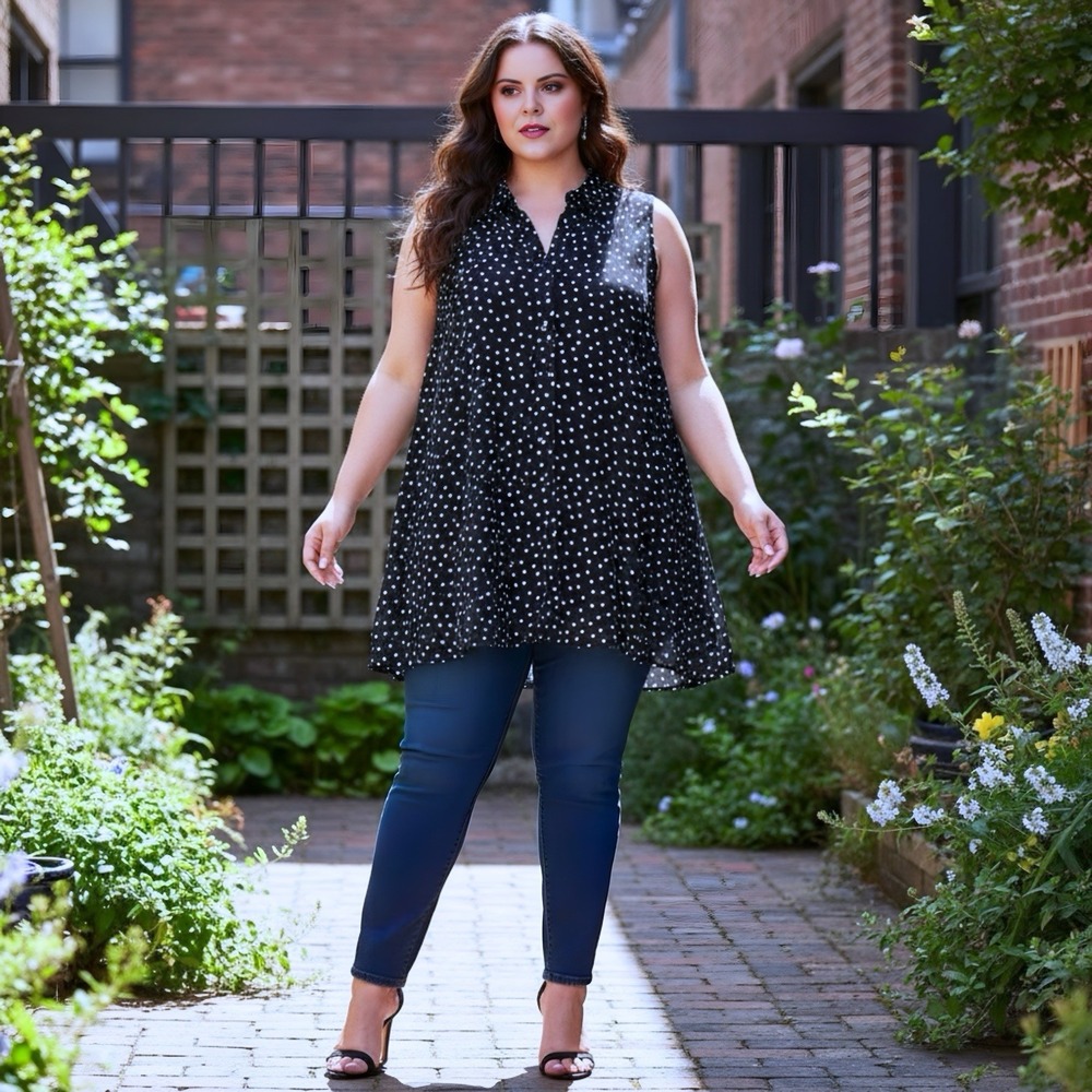 Emma & Michele Ladies Plus Sz 3XL Navy & White Polka Dot Swing Top NWOT
